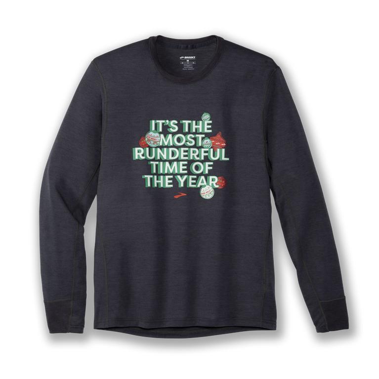 Brooks Run Merry Run Dist. Graphic LS Long Sleeve Running Shirt - Men's - Heather Asphalt/Runderful/